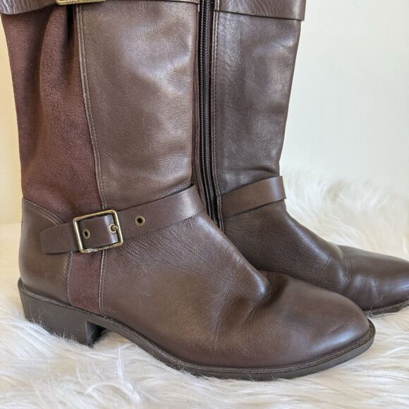 Cole Haan 7.5 Women Mid Calf Brown Leather Suede Buckle Riding Boots Equestrian - Picture 2 of 16